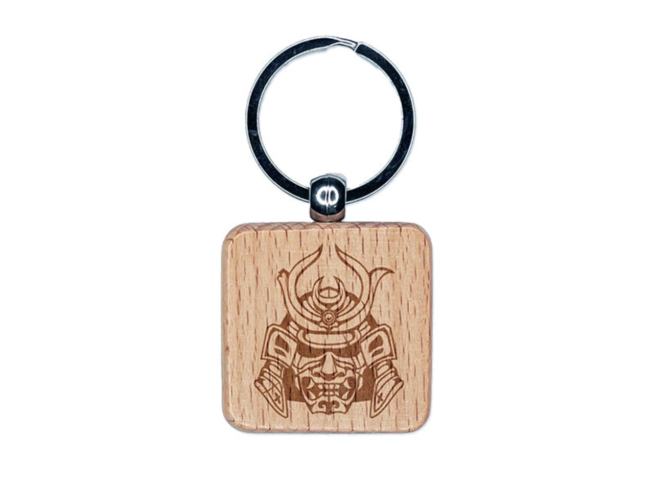 Samurai Warrior Oni Helmet Engraved Wood Square Keychain Tag Charm